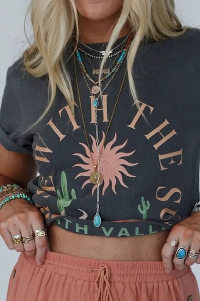 RISE WITH THE SUN Graphic Round Neck Short Sleeve T-Shirt - Dark Gray by Trendsi from FREYA’S CLOSET