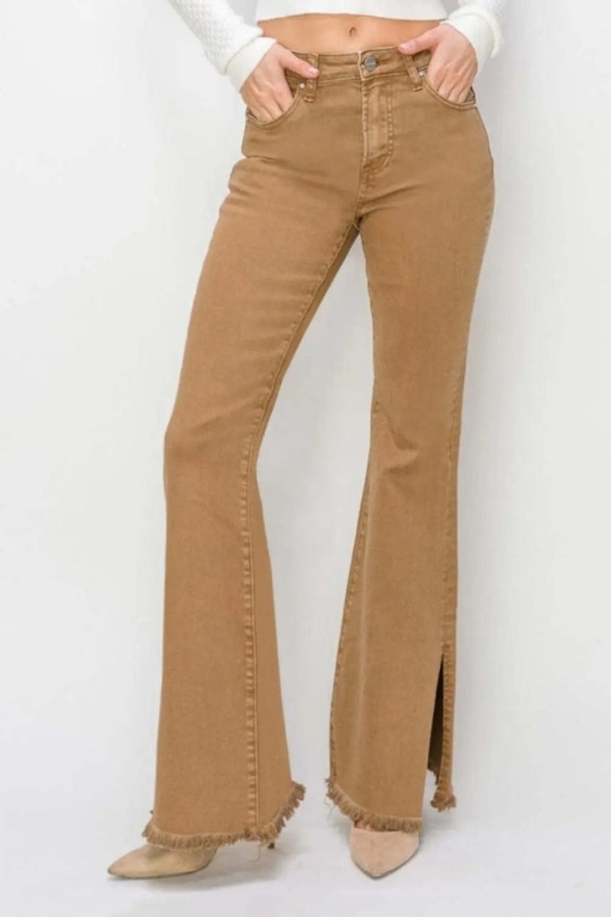 RISEN Bailey Full Size High Waist Side Slit Flare Jeans - Brown by Trendsi from FREYA’S CLOSET
