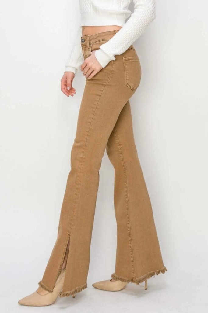 RISEN Bailey Full Size High Waist Side Slit Flare Jeans - Brown by Trendsi from FREYA’S CLOSET