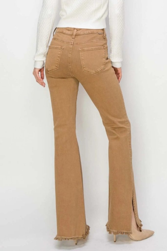 RISEN Bailey Full Size High Waist Side Slit Flare Jeans - Brown by Trendsi from FREYA’S CLOSET