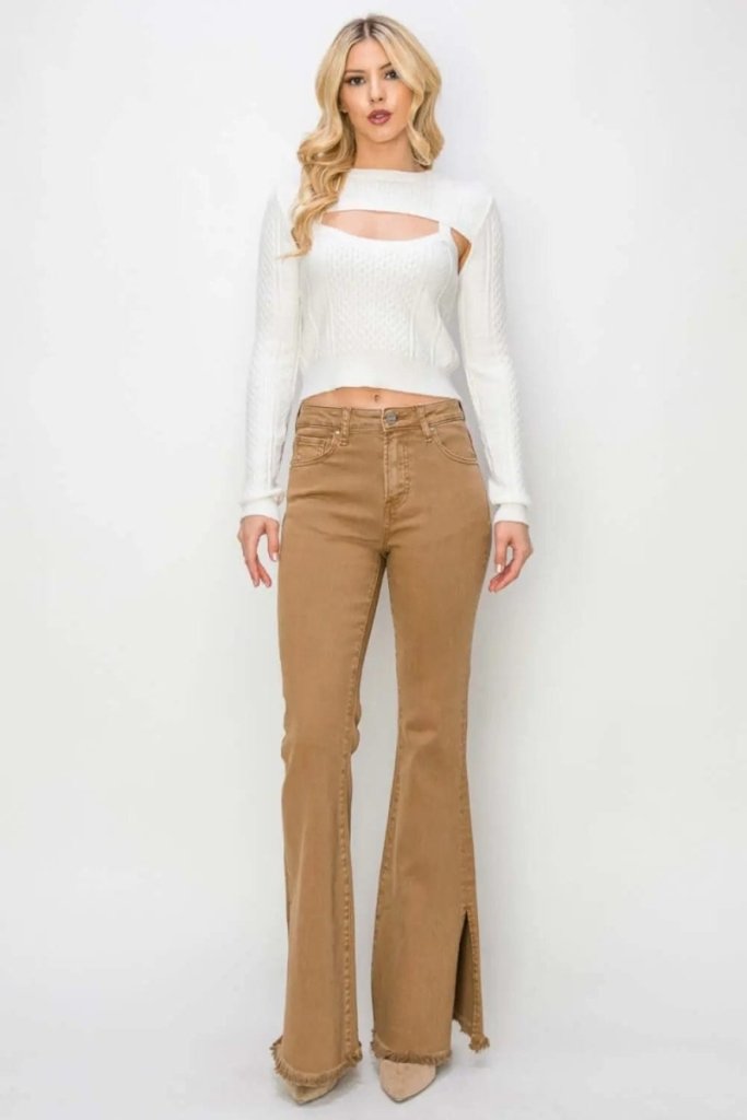 RISEN Bailey Full Size High Waist Side Slit Flare Jeans - Brown by Trendsi from FREYA’S CLOSET