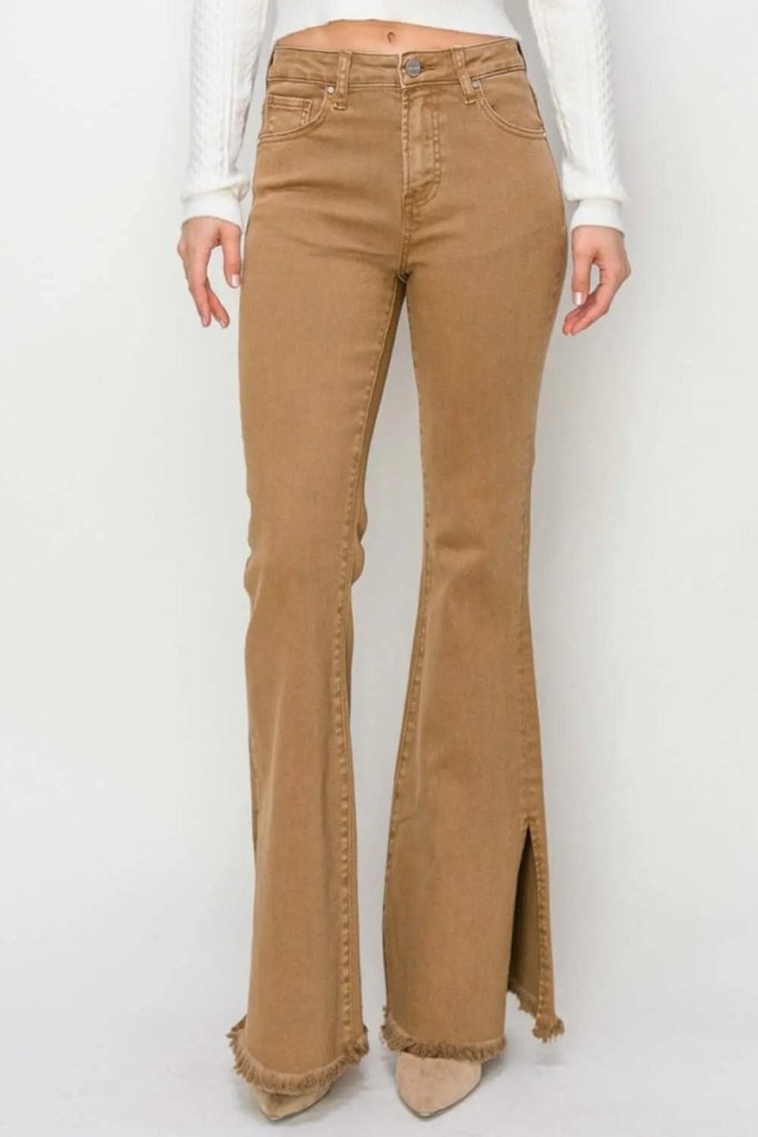 RISEN Bailey Full Size High Waist Side Slit Flare Jeans - Brown by Trendsi from FREYA’S CLOSET
