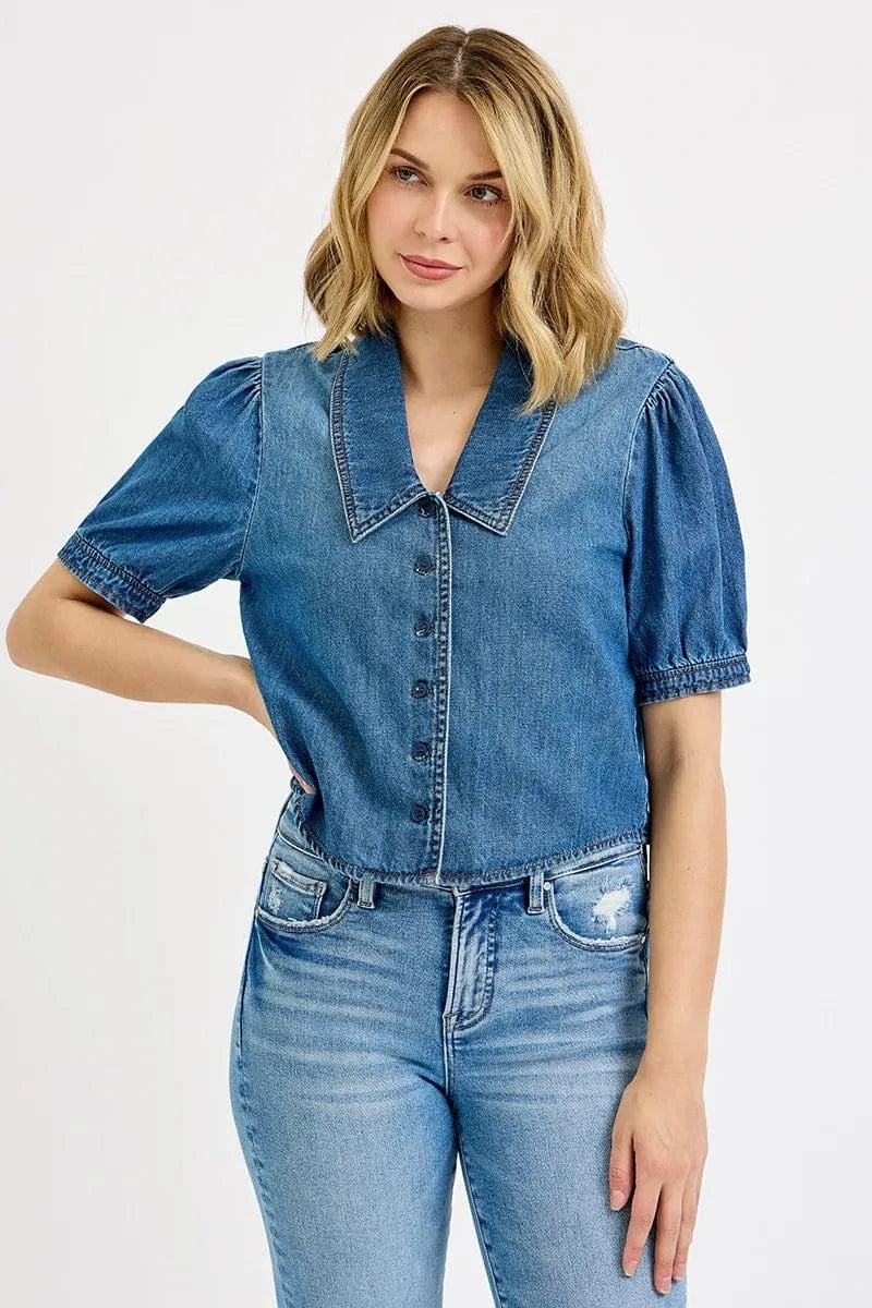 Trendsi Shirts and Blouse RISEN Button Down Puff Sleeve Crop Denim Shirt