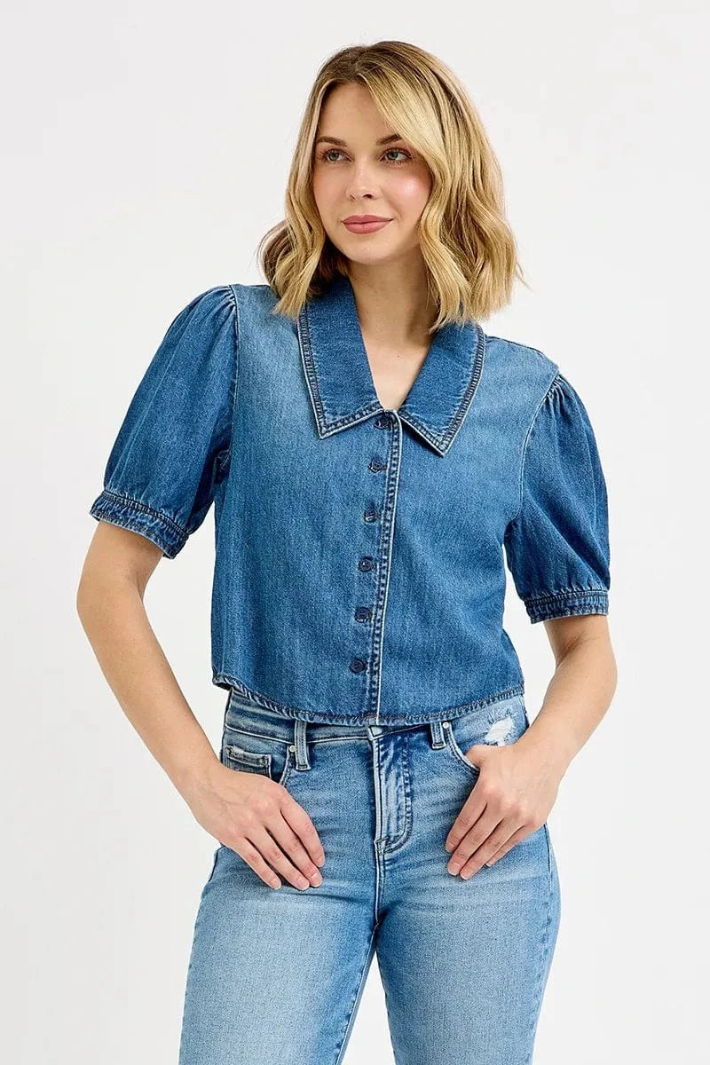 Trendsi Shirts and Blouse RISEN Button Down Puff Sleeve Crop Denim Shirt