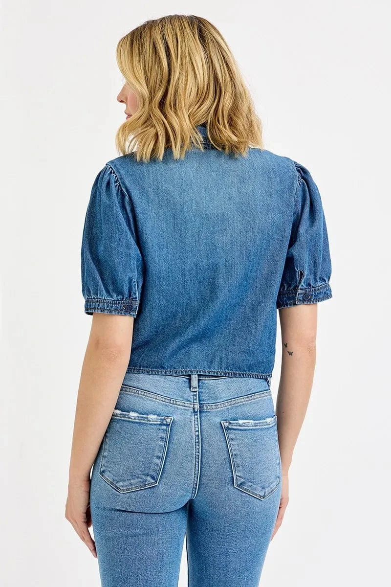 Trendsi Shirts and Blouse RISEN Button Down Puff Sleeve Crop Denim Shirt