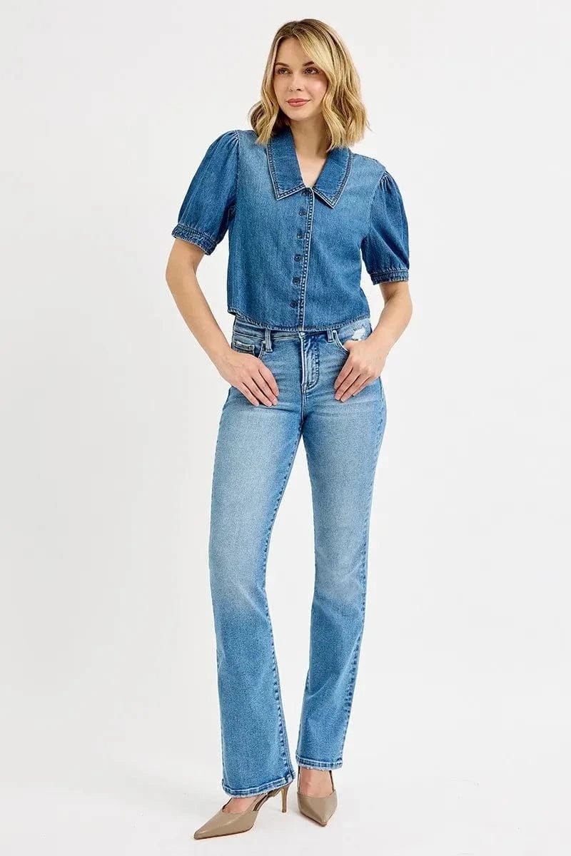 RISEN Button Down Puff Sleeve Crop Denim Shirt - MEDIUM by Trendsi from FREYA’S CLOSET