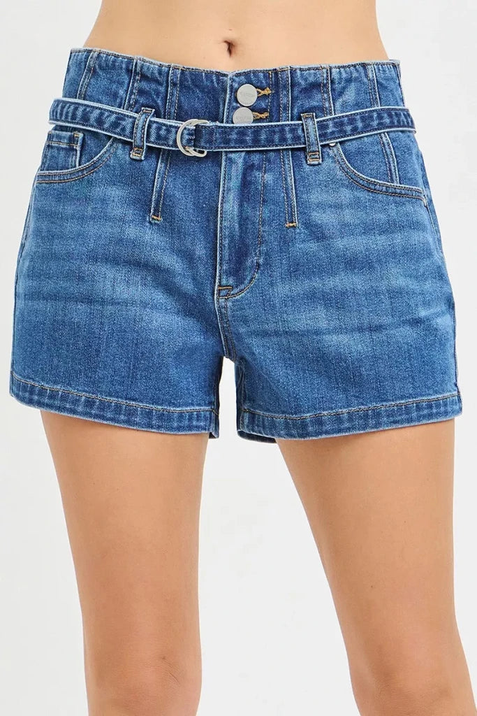 RISEN Double Button Slouchy Denim Shorts with Belt - DARK by Trendsi from FREYA’S CLOSET