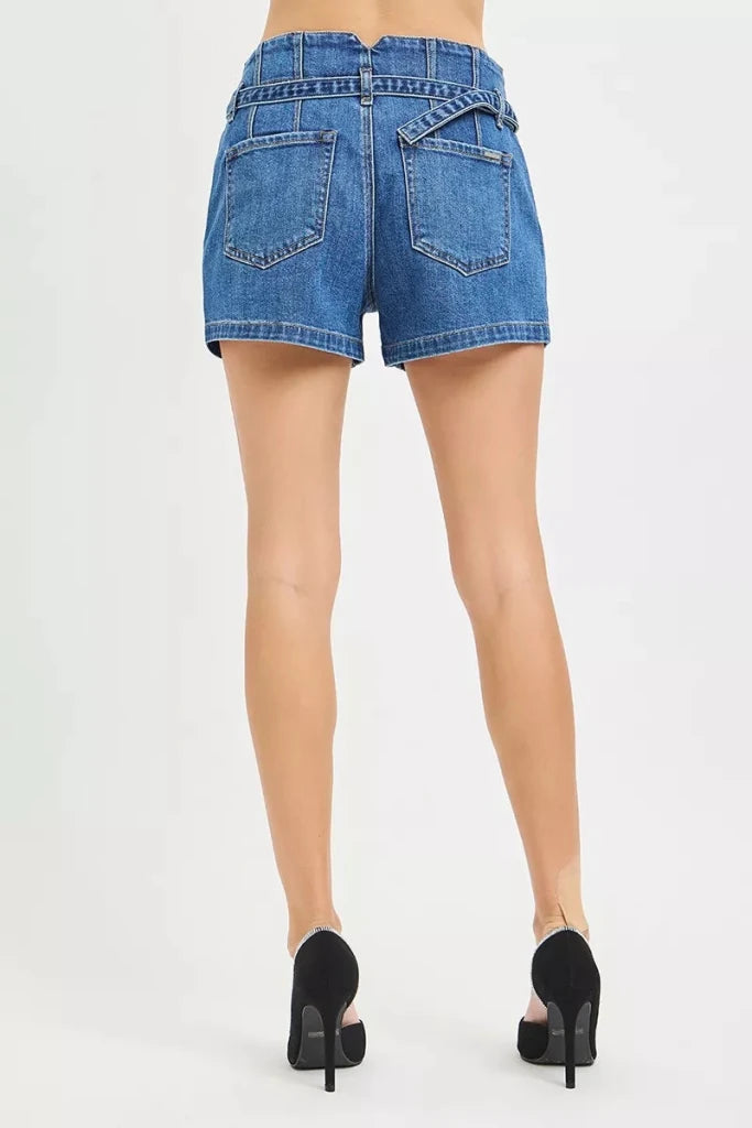 RISEN Double Button Slouchy Denim Shorts with Belt - DARK by Trendsi from FREYA’S CLOSET
