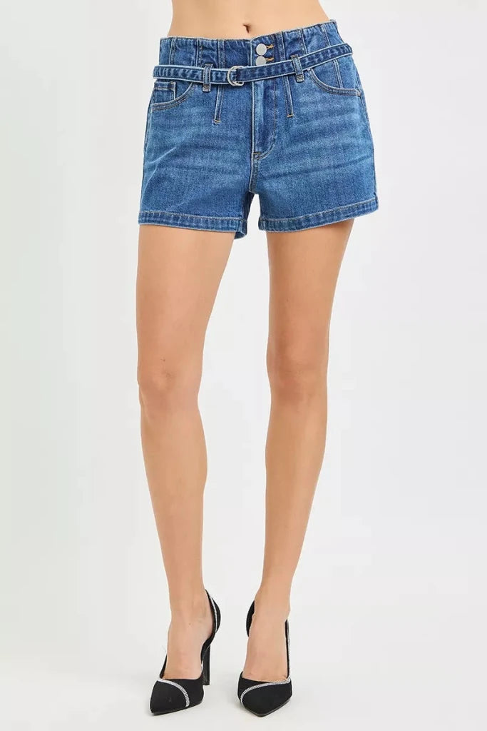 RISEN Double Button Slouchy Denim Shorts with Belt - DARK by Trendsi from FREYA’S CLOSET