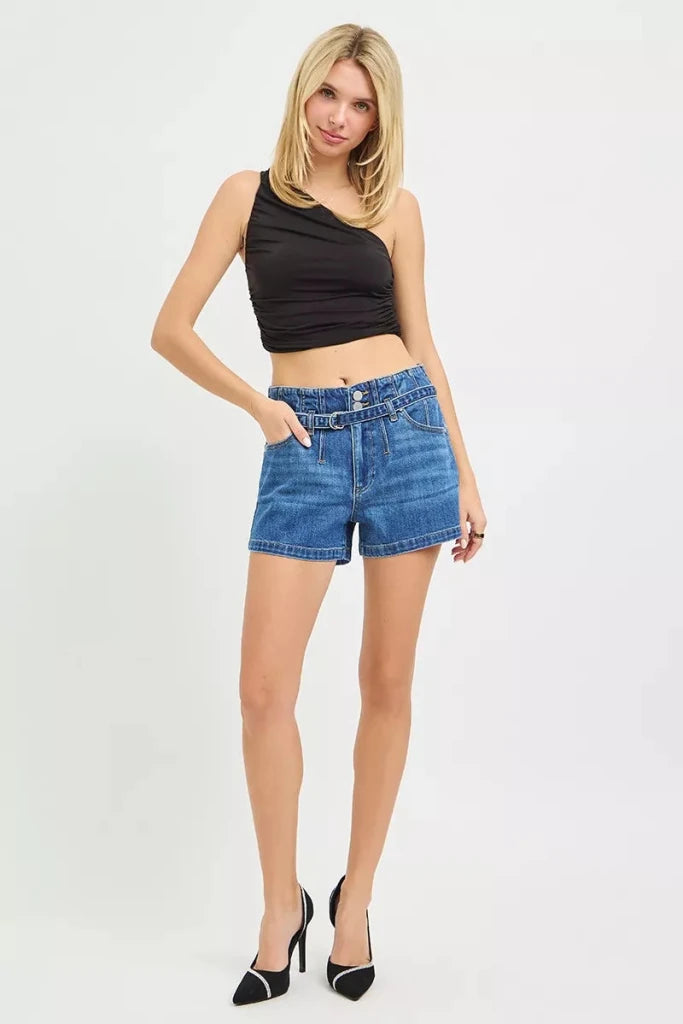 RISEN Double Button Slouchy Denim Shorts with Belt - DARK by Trendsi from FREYA’S CLOSET