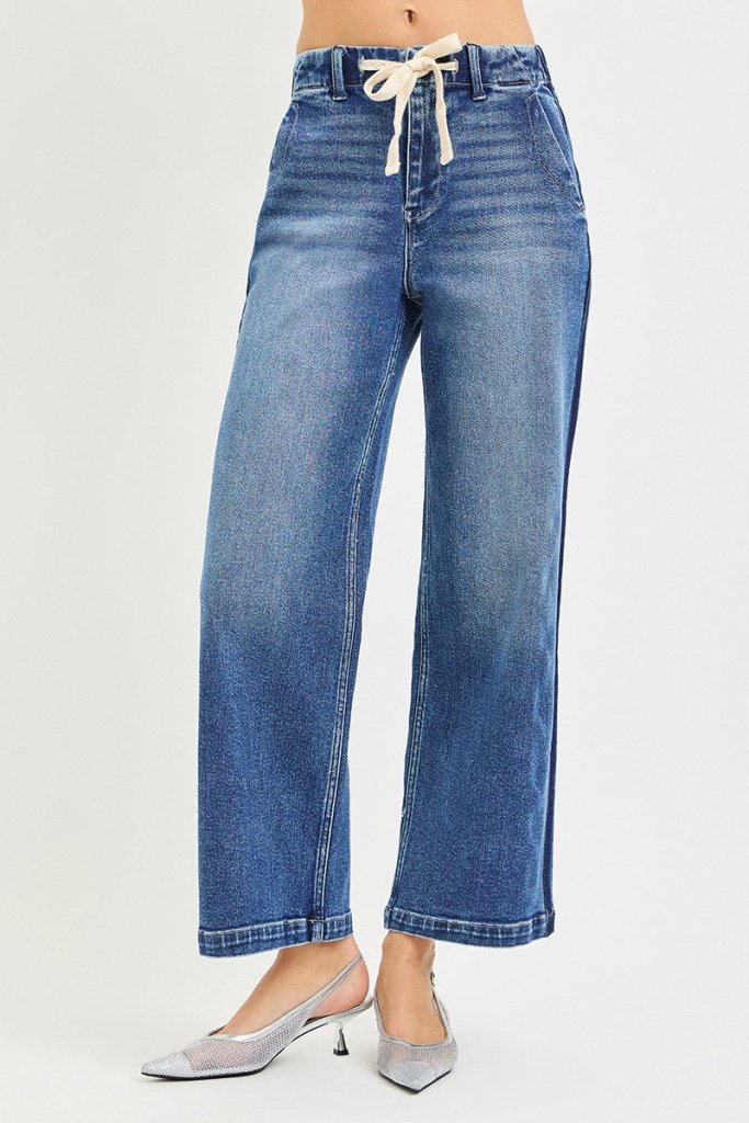 RISEN Elastic Band High Rise Cropped Wide Jeans - MEDIUM by Trendsi from FREYA’S CLOSET