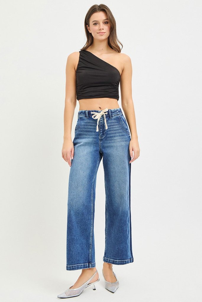 RISEN Elastic Band High Rise Cropped Wide Jeans - MEDIUM by Trendsi from FREYA’S CLOSET