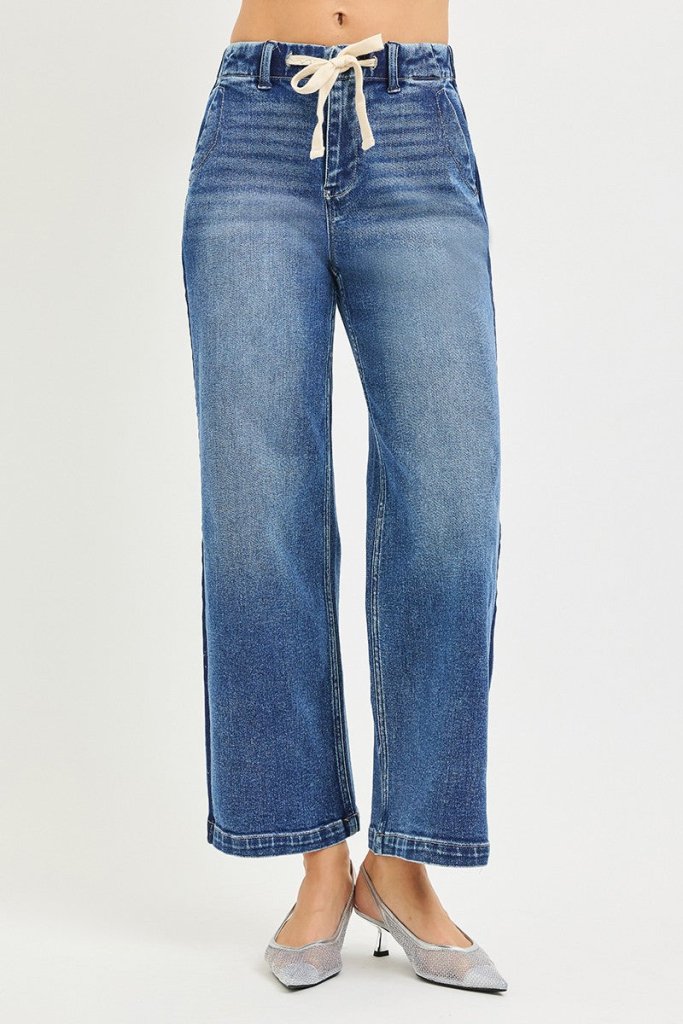 RISEN Elastic Band High Rise Cropped Wide Jeans - MEDIUM by Trendsi from FREYA’S CLOSET