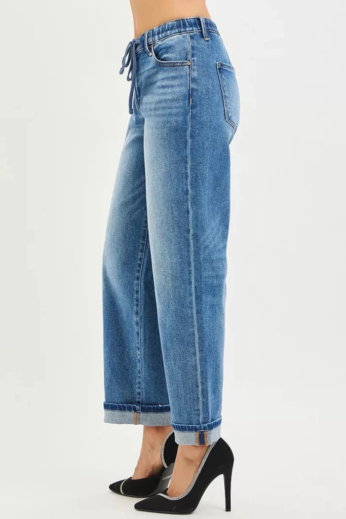 RISEN Elastic Band Slouch Ankle Boyfriend Cuffed Hem Jeans - MEDIUM by Trendsi from FREYA’S CLOSET
