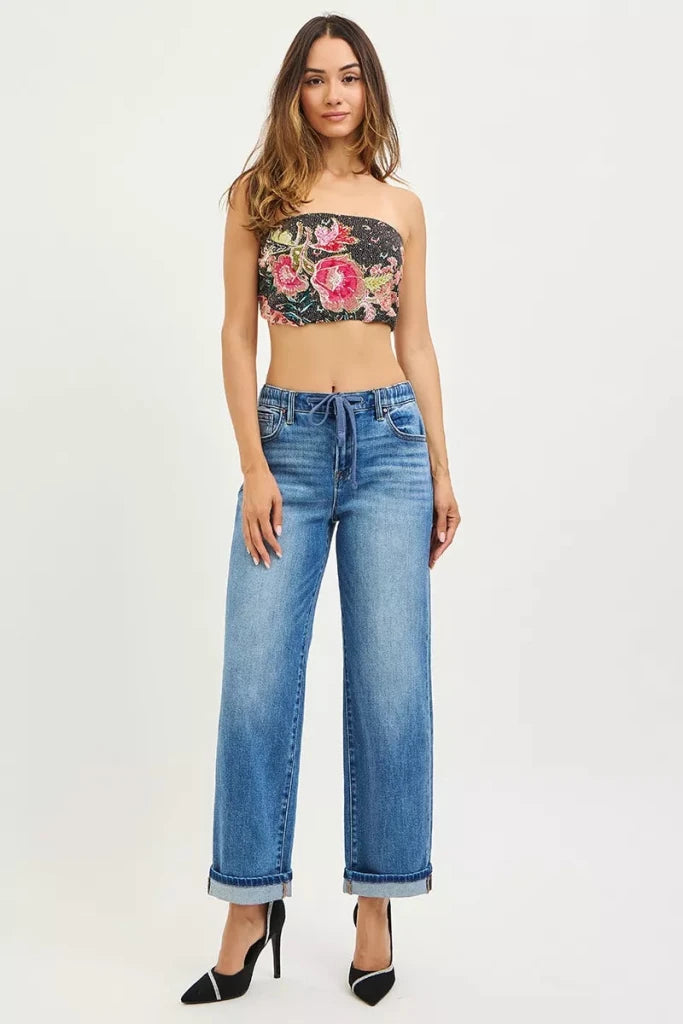 RISEN Elastic Band Slouch Ankle Boyfriend Cuffed Hem Jeans - MEDIUM by Trendsi from FREYA’S CLOSET