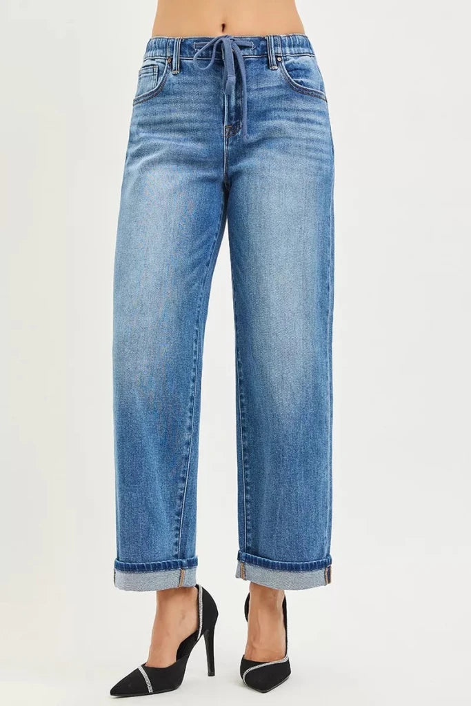 RISEN Elastic Band Slouch Ankle Boyfriend Cuffed Hem Jeans - MEDIUM by Trendsi from FREYA’S CLOSET