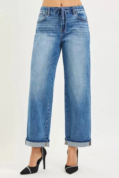 RISEN Elastic Band Slouch Ankle Boyfriend Cuffed Hem Jeans - MEDIUM by Trendsi from FREYA’S CLOSET