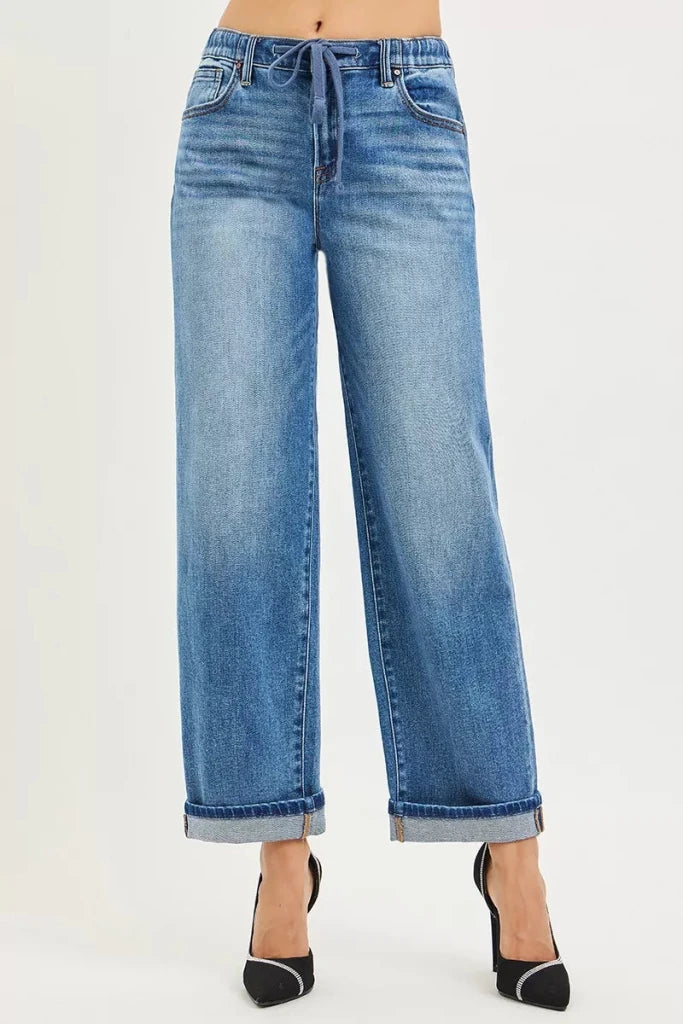 RISEN Elastic Band Slouch Ankle Boyfriend Cuffed Hem Jeans - MEDIUM by Trendsi from FREYA’S CLOSET