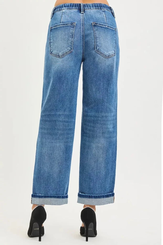RISEN Elastic Band Slouch Ankle Boyfriend Cuffed Hem Jeans - MEDIUM by Trendsi from FREYA’S CLOSET