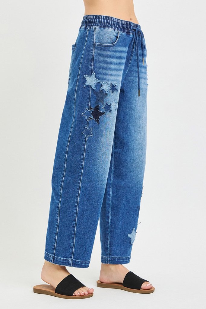 RISEN Elastic Band Slouchy Cropped Barrel with Star Patch - DARK by Trendsi from FREYA’S CLOSET