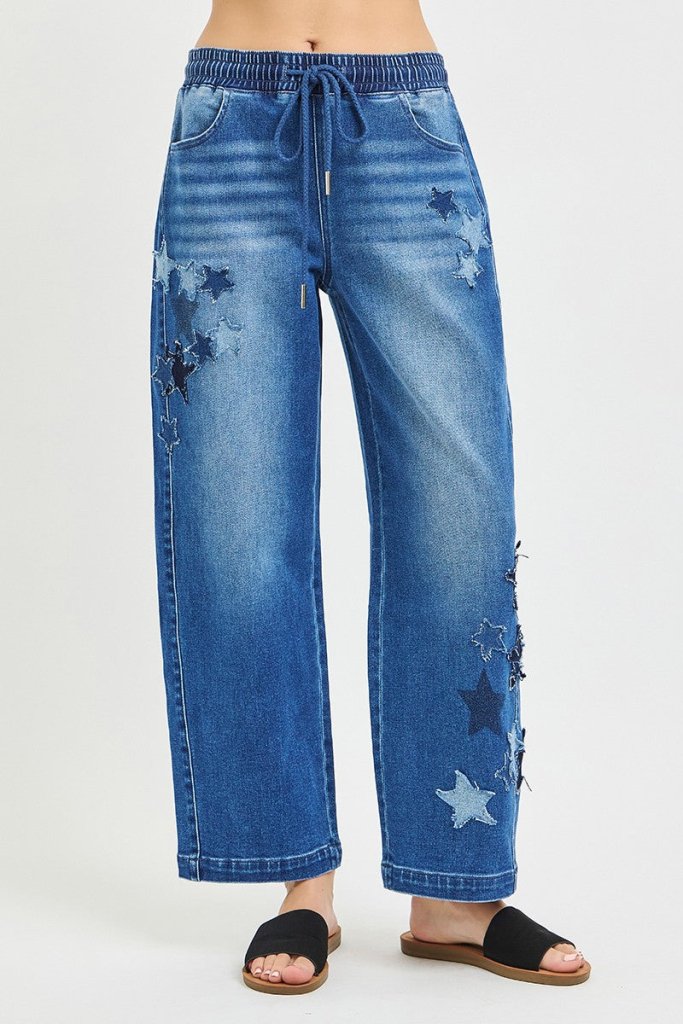 RISEN Elastic Band Slouchy Cropped Barrel with Star Patch - DARK by Trendsi from FREYA’S CLOSET