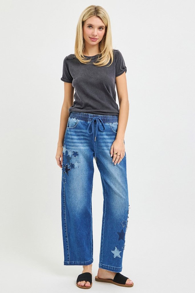 RISEN Elastic Band Slouchy Cropped Barrel with Star Patch - DARK by Trendsi from FREYA’S CLOSET