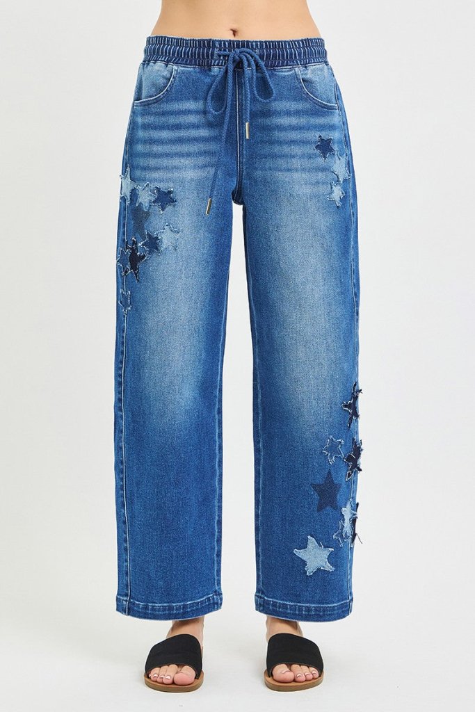 RISEN Elastic Band Slouchy Cropped Barrel with Star Patch - DARK by Trendsi from FREYA’S CLOSET