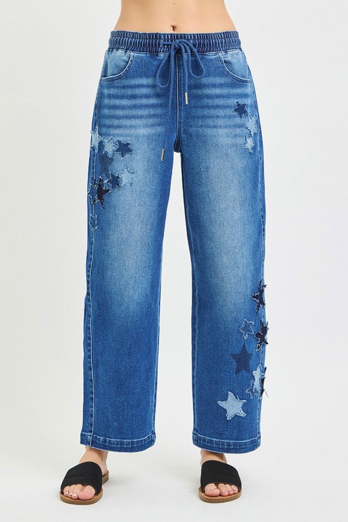 RISEN Elastic Band Slouchy Cropped Barrel with Star Patch - DARK by Trendsi from FREYA’S CLOSET