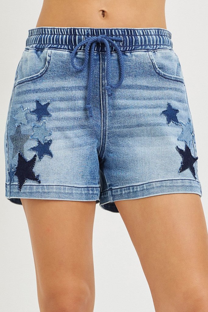 RISEN Elastic Band Slouchy Denim Shorts with Star Patched Details - MEDIUM by Trendsi from FREYA’S CLOSET