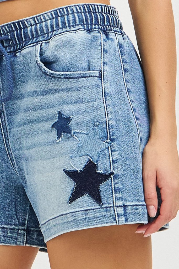 RISEN Elastic Band Slouchy Denim Shorts with Star Patched Details - MEDIUM by Trendsi from FREYA’S CLOSET