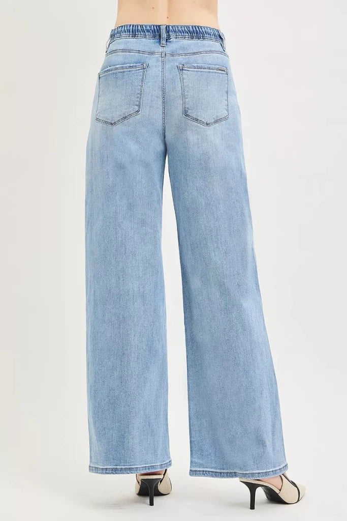RISEN Elastic Band Slouchy Wide Jeans with Drawstring - Light by Trendsi from FREYA’S CLOSET