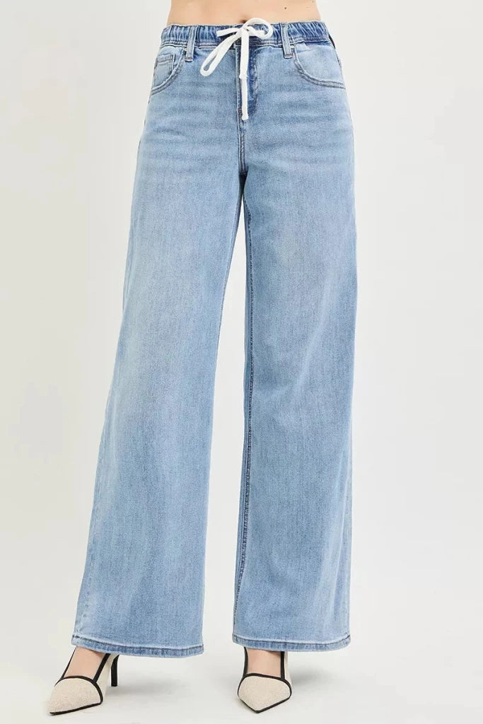 RISEN Elastic Band Slouchy Wide Jeans with Drawstring - Light by Trendsi from FREYA’S CLOSET