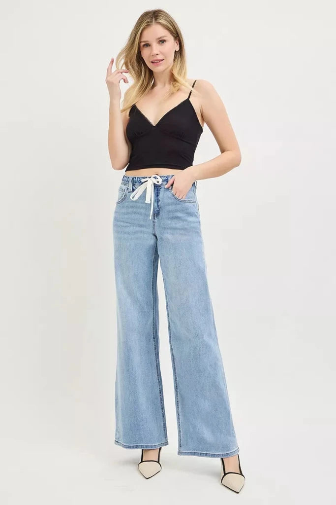 RISEN Elastic Band Slouchy Wide Jeans with Drawstring - Light by Trendsi from FREYA’S CLOSET
