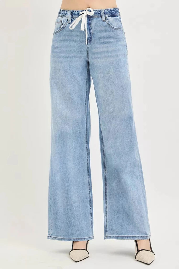 RISEN Elastic Band Slouchy Wide Jeans with Drawstring - Light by Trendsi from FREYA’S CLOSET