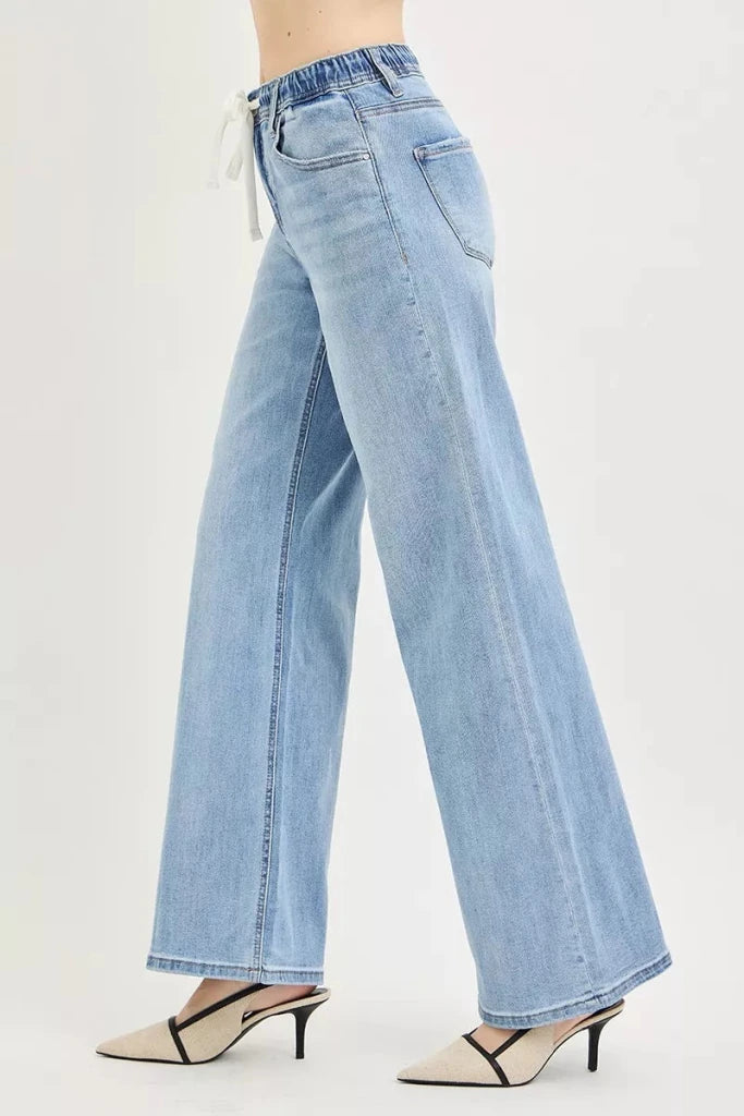 RISEN Elastic Band Slouchy Wide Jeans with Drawstring - Light by Trendsi from FREYA’S CLOSET