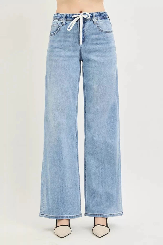 RISEN Elastic Band Slouchy Wide Jeans with Drawstring - Light by Trendsi from FREYA’S CLOSET