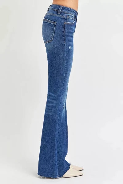 RISEN Full Size Distressed Mid Rise Flare Jeans Plus Size - DARK by Trendsi from FREYA’S CLOSET