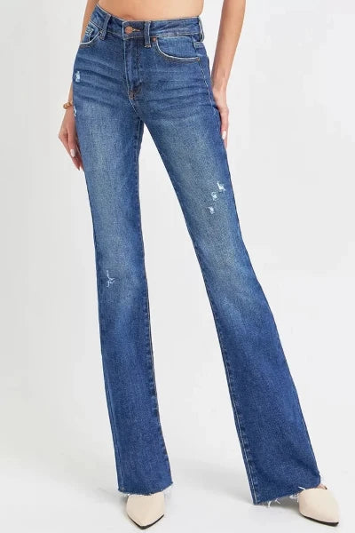 RISEN Full Size Distressed Mid Rise Flare Jeans Plus Size - DARK by Trendsi from FREYA’S CLOSET