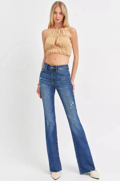 RISEN Full Size Distressed Mid Rise Flare Jeans Plus Size - DARK by Trendsi from FREYA’S CLOSET