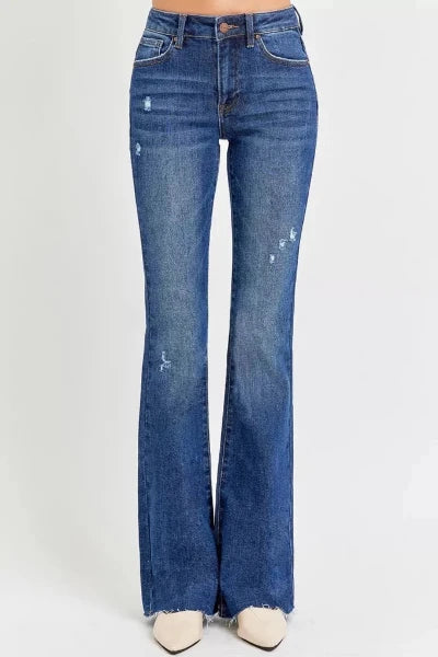 RISEN Full Size Distressed Mid Rise Flare Jeans Plus Size - DARK by Trendsi from FREYA’S CLOSET