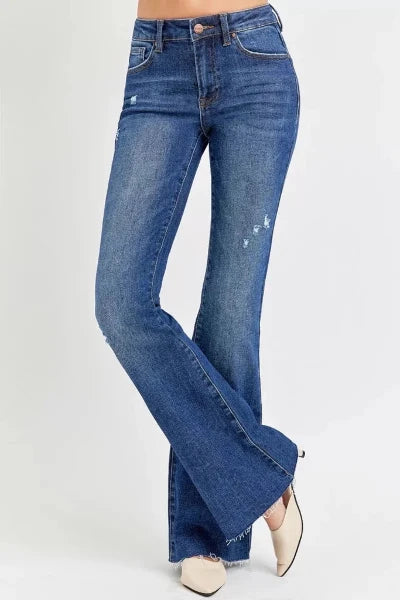 RISEN Full Size Distressed Mid Rise Flare Jeans Plus Size - DARK by Trendsi from FREYA’S CLOSET