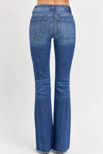 RISEN Full Size Distressed Mid Rise Flare Jeans Plus Size - DARK by Trendsi from FREYA’S CLOSET
