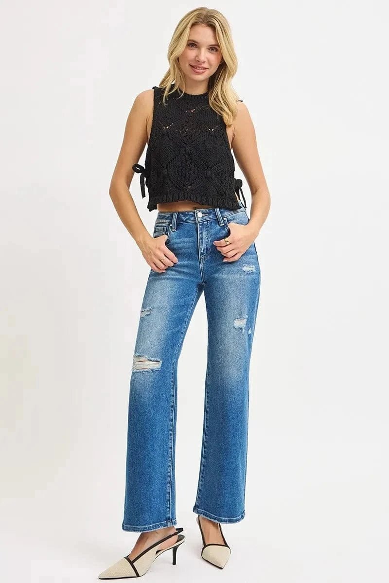RISEN Full Size High Rise Ankle Straight Front Body Distressed Jeans Plus Size - MEDIUM by Trendsi from FREYA’S CLOSET