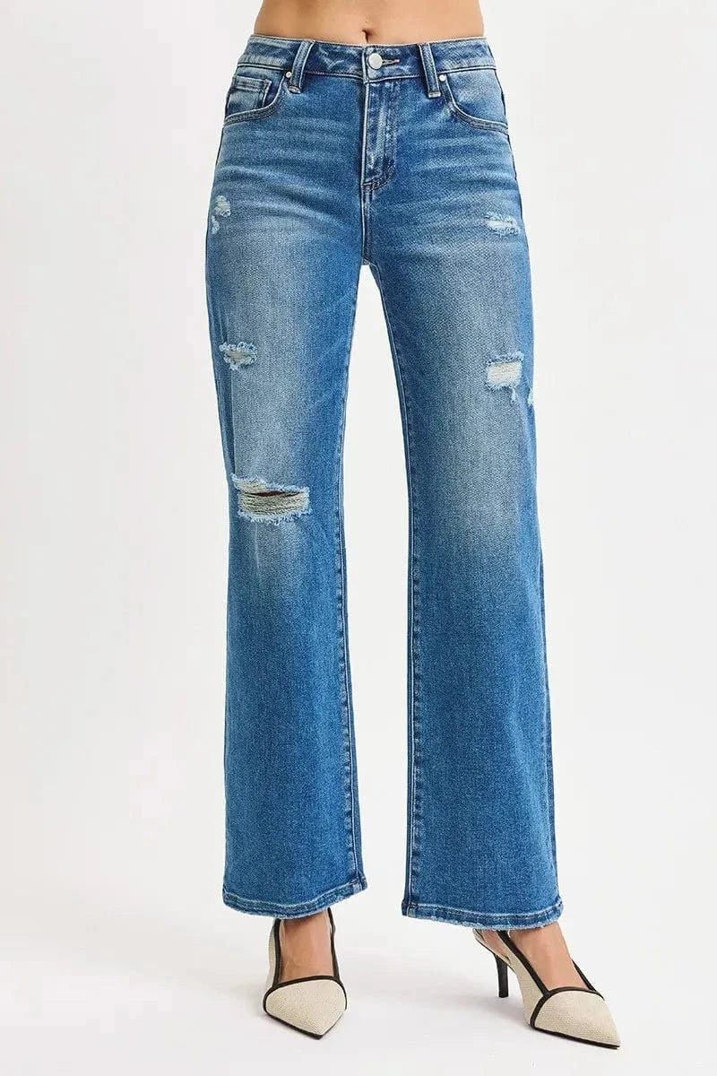 RISEN Full Size High Rise Ankle Straight Front Body Distressed Jeans Plus Size - MEDIUM by Trendsi from FREYA’S CLOSET