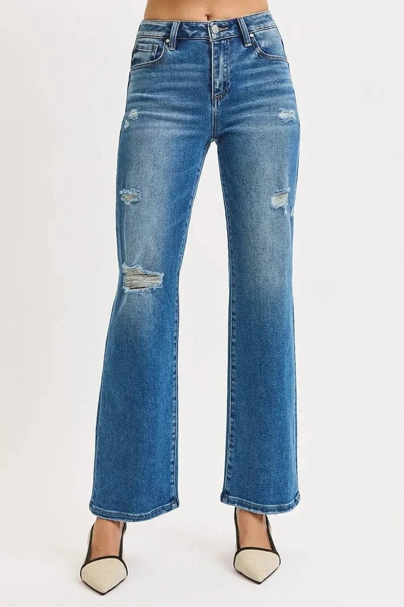 RISEN Full Size High Rise Ankle Straight Front Body Distressed Jeans Plus Size - MEDIUM by Trendsi from FREYA’S CLOSET