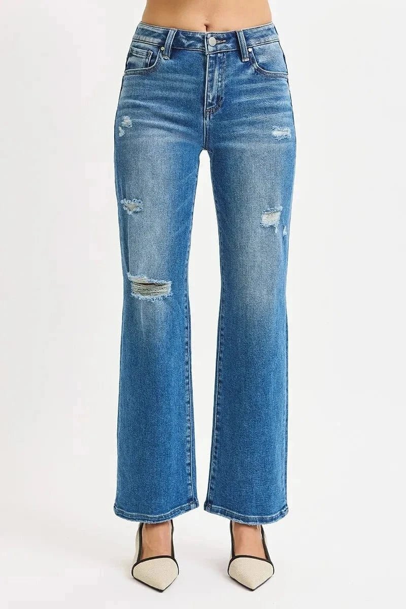 RISEN Full Size High Rise Ankle Straight Front Body Distressed Jeans Plus Size - MEDIUM by Trendsi from FREYA’S CLOSET