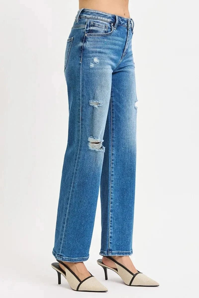 RISEN Full Size High Rise Ankle Straight Front Body Distressed Jeans Plus Size - MEDIUM by Trendsi from FREYA’S CLOSET