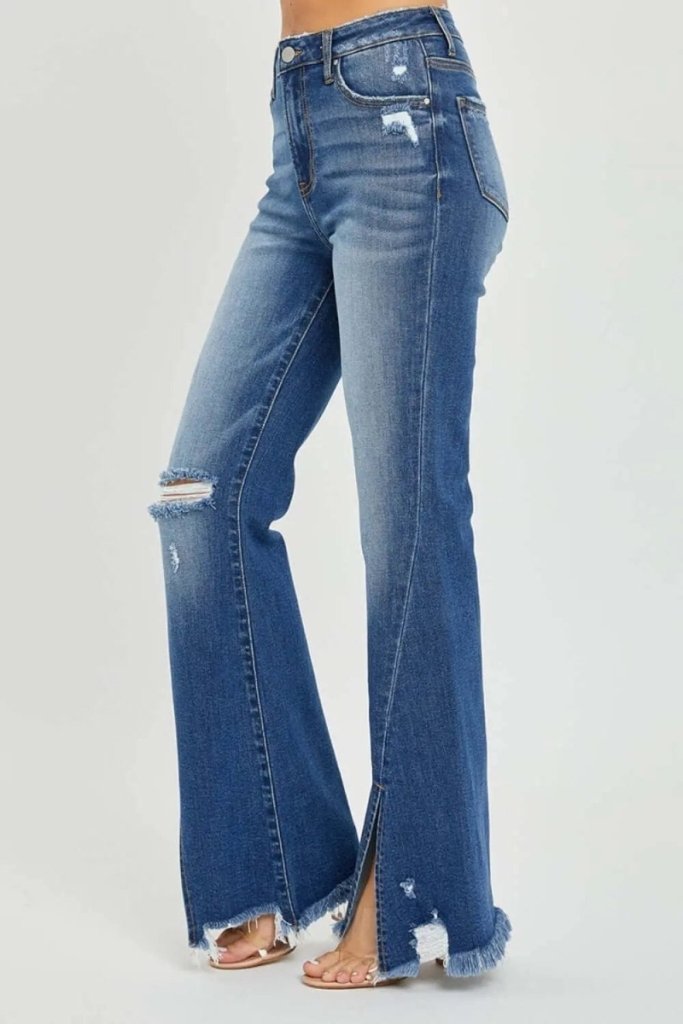 RISEN Full Size High Rise Cargo Flare Jeans - Dark by Trendsi from FREYA’S CLOSET