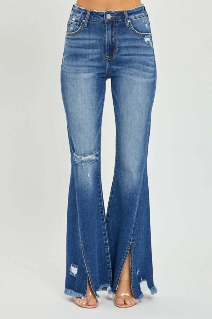 RISEN Full Size High Rise Cargo Flare Jeans - Dark by Trendsi from FREYA’S CLOSET