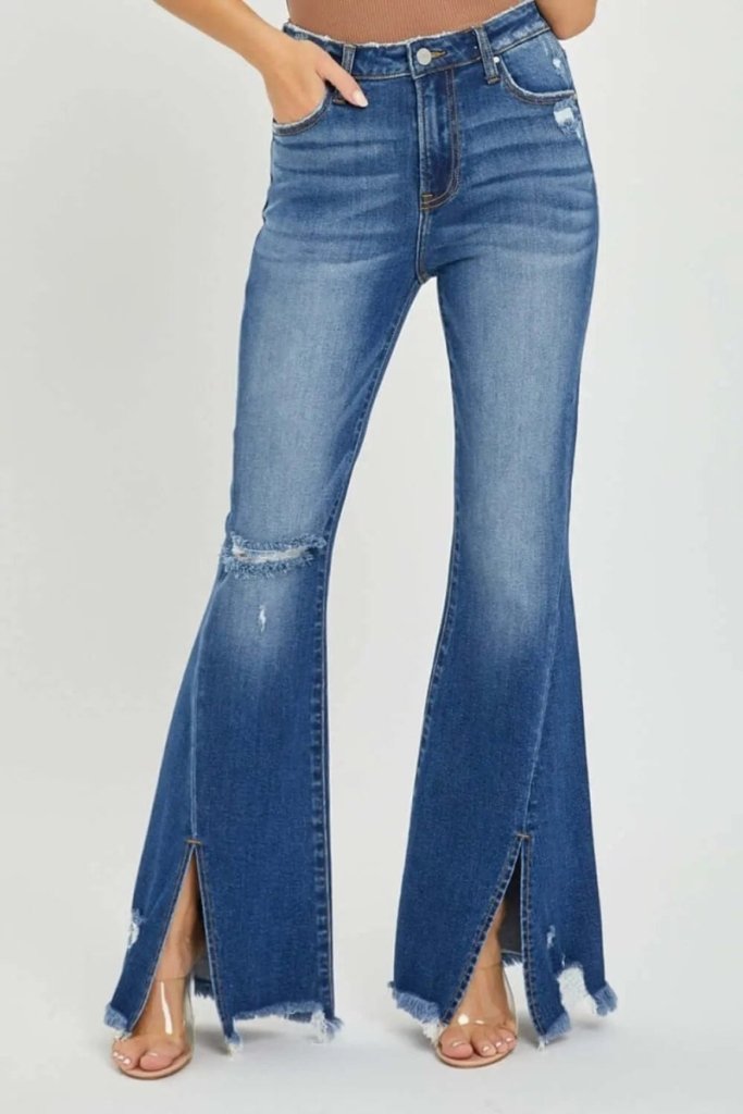 RISEN Full Size High Rise Cargo Flare Jeans - Dark by Trendsi from FREYA’S CLOSET